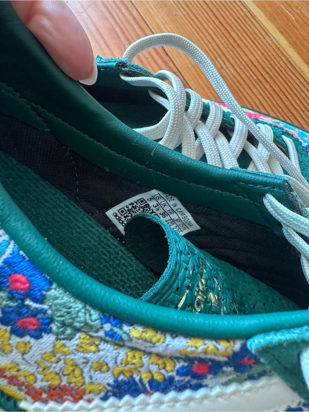 adidas Teal Green Suede Floral Panel Sneakers with White Stripes - Picture 7 of 8